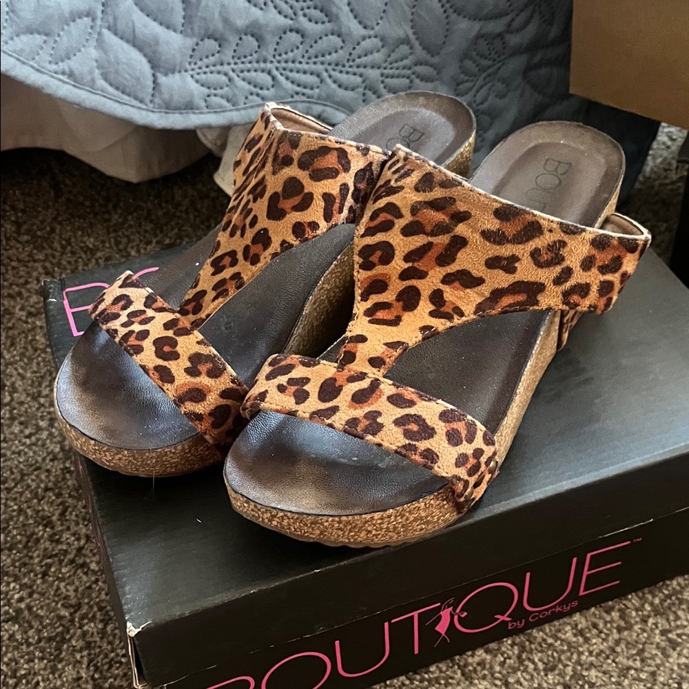 Boutique Leopard Print Wedge Sandals